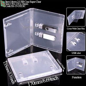 14mm Super Clear Double USB Case with dimensions $170mm \times 135mm \times 14mm$ featuring two internal slots for USB flash drives.