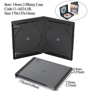 14mm 2-Disc Blu-ray Case Black Replacement Media Storage with Dual Disc Hubs and Clear Cover Film
