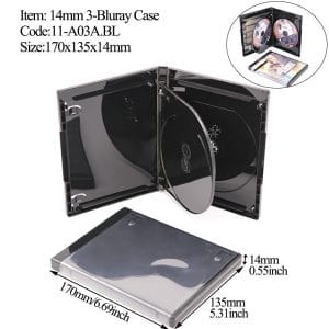 14mm 3-Disc Blu-ray Case Black with Internal Flip Tray and Clear Outer Wrap for Custom Cover Art